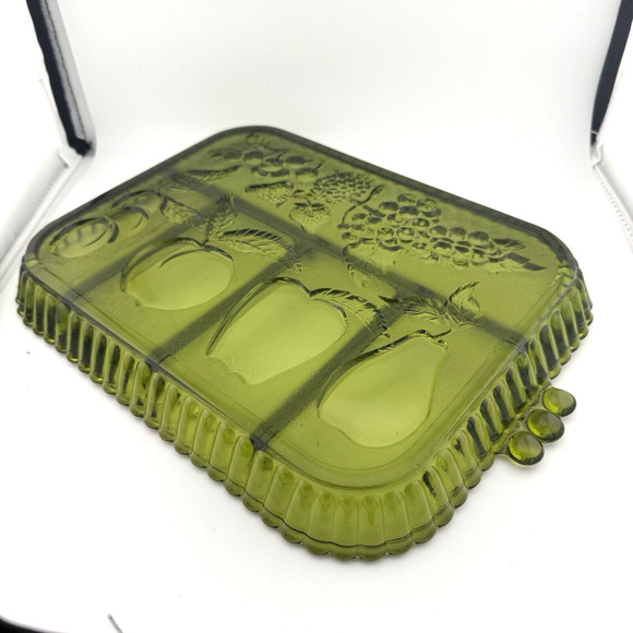 VTG Indiana Glass Green 5 Part EUC Divided Relish Fruit Design Tray 11"x9" - Picture 10 of 10